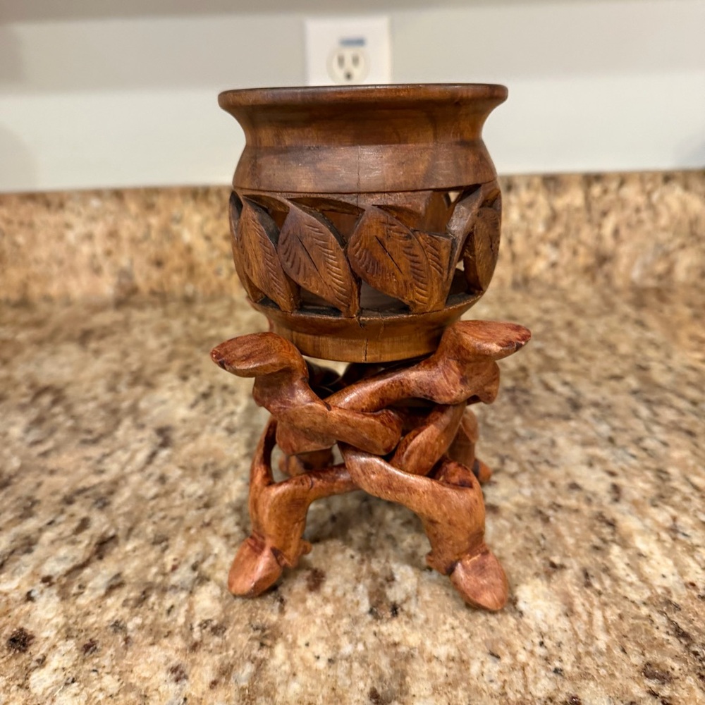 Dark Wood Leaf Bowl Interlocking Stand Pakistan Trinket Dish Planter Decor Boho